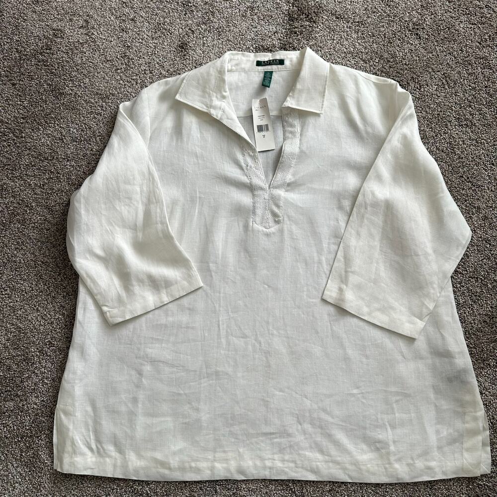 Lauren Ralph Lauren NWT 3X Linen Popover Top White Sequin Trim V-Neck